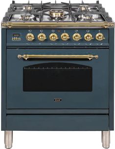 a black and gold stove top oven with two burners on the front, and three burners on the rear