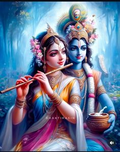 lord and goddess playing flute in the forest