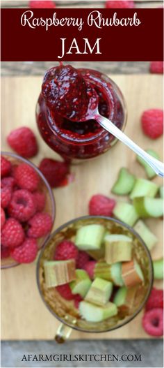 raspberry rhubarb jam in small bowls with fresh raspberries