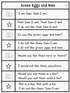 the worksheet for reading and writing green eggs and ham, which includes an image of