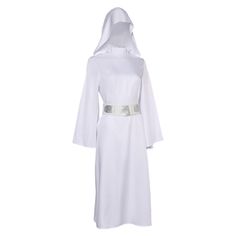 a white robe with a belt on the waist and hood, in front of a white background