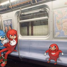 two cartoon characters leaning against the side of a train