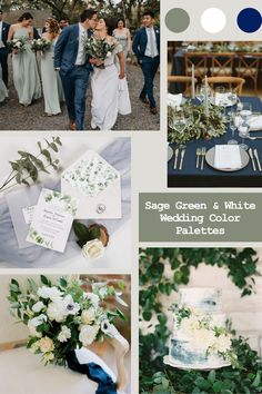 a collage of photos with green and white wedding color palettes in shades of blue