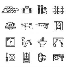 black and white icon set of bathroom items, including shower curtain, toilet paper roll, sink