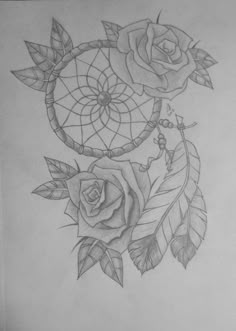 a drawing of two roses and a dream catcher