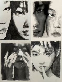 black and white drawing of four different faces