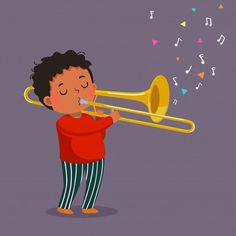 a boy playing the trumpet with musical notes coming out of it