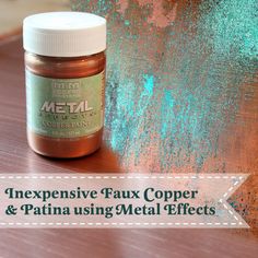 an image of copper paint with text overlaying it that reads, expensive faux copper and patina using metal effects