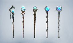 five different types of wands in various shapes and sizes, all with blue lights on them