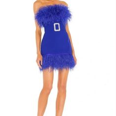 Worn Once. No Flaws. Bronx And Banco Lola Dress. Dramatic Feathers Trim This Tailored Mini Dress, Cut With A Sleek Strapless Neckline. Removable, Embellished Belt Adds An Extra Touch Of Glam. Blue Feather Dress, Royal Blue Mini Dress, Nude Bodycon Dress, Bronx And Banco Dresses, Bronx And Banco, Long Sleeve Ruffle Dress, Cute Black Dress, Mini Prom Dresses, Leather Bustier