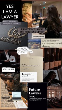 the collage shows different types of law related items, including books, papers and other things