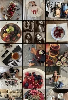 a collage of photos with various fruits and vegetables in the middle one has a woman on her cell phone