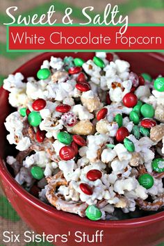 sweet and salty white chocolate popcorn in a red bowl