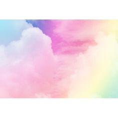 the sky is filled with colorful clouds and rainbows in pastel colors, as well as white fluffy clouds