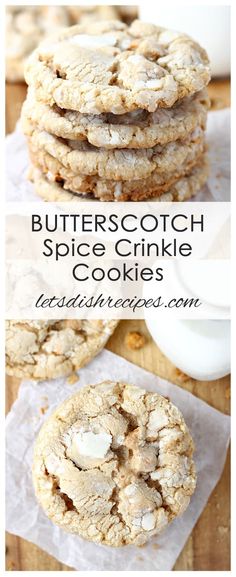 butterscotch spice crinkle cookies are stacked on top of each other