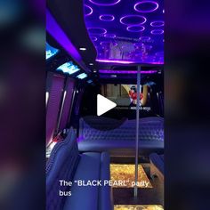 the black pearl party bus is decorated with purple lights