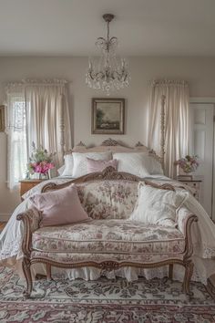 a bed sitting in the middle of a bedroom next to a chandelier and window