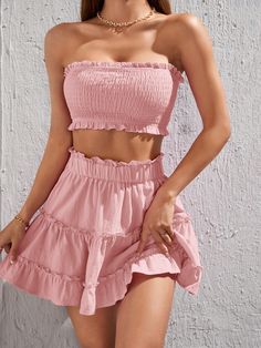 Rosa Pálido Bohemio Collar sin mangas  Liso  Embellished No-Elástico Ruffle Hem Skirt, Pink Boho, Hem Skirt, Top And Skirt, Two Piece Outfit, Skirt Outfits, Pink Fashion