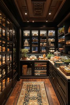 a room filled with lots of different types of food in it's glass shelves