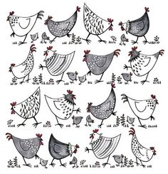 chickens and roosters are depicted in this hand drawn illustration, which is part of an art project