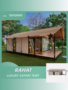 an advertisement for a luxury safari tent in the middle of a field with trees and grass