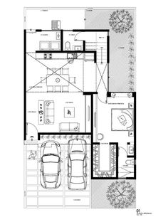 the floor plan for a house with two cars parked in it and an open living area