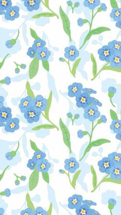 blue flowers on white background with green leaves