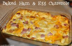 baked ham and egg casserole in a glass baking dish on a counter top