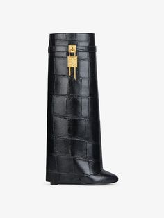 Shark Lock boots in crocodile effect leather in - black | Givenchy US Lock Boots Outfit, Shark Lock Boots Outfit, 2025 Predictions, Givenchy Shark Boots, Shark Lock Boots, Crocodile Fashion, Shark Boots, Givenchy Heels, Chloe 2024