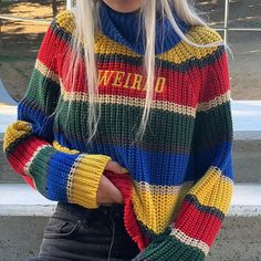 Sleeve：68cm Bust：120cm Length：50cm real photo Festival Mode, Y2k Aesthetic Fashion, Crochet Sweater Pattern Free, Rainbow Outfit, Stripe Outfits, Striped Turtleneck, Sweater Crochet Pattern, Knitted Jumper, Sweater Pattern