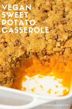 a casserole dish filled with sweet potato casserole