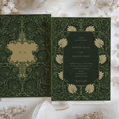 a green and gold wedding card with an ornate design on the front, inside and out