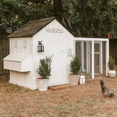 a white chicken coop with two chickens in it's yard next to some trees