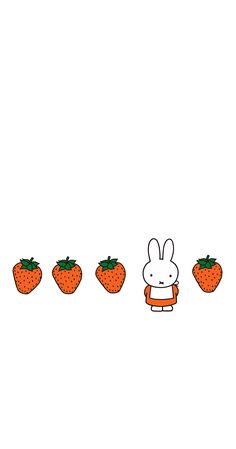 the rabbit is standing in front of carrots and an orange on the other side