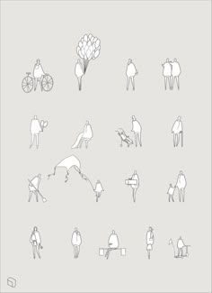 an image of people and animals in the same line drawing style as well as one person riding a bike