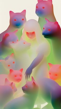 a woman surrounded by cats in the middle of an abstract photo with colored lights on her body