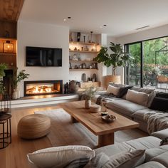 a living room filled with furniture and a fire place next to a large glass window