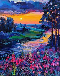 a painting of flowers and trees in the foreground with a sunset on the horizon