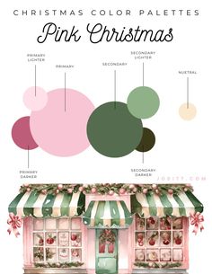 a pink christmas shop with green and white striped awnings