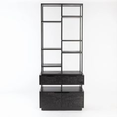 a black shelf with drawers and shelves on it's sides, against a white background