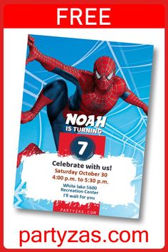 a spiderman birthday party flyer with the number seven on it and an image of a man