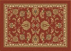 a red rug with an ornate design on it