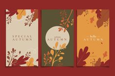 three vertical banners with autumn leaves and berries on them, one is green, the other is red