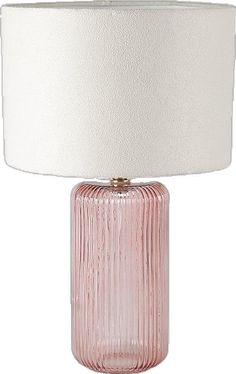 a pink glass table lamp with a white shade