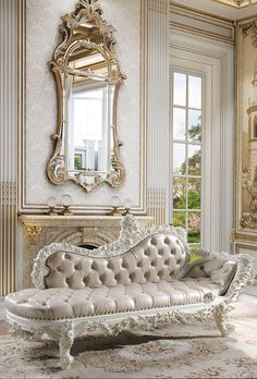 an ornately decorated living room with white furniture