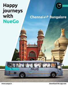 a bus is parked in front of an ornate building with two towers and the words, happy journey with nuego