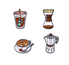 four different types of coffee and drinks on a white background, each with their own image