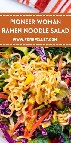 a white plate topped with noodles and veggies next to a red striped napkin