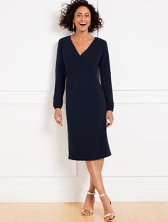 Our oh-so-feminine sheath dress. Lightweight fabric is perfect for work and travel. Simply elegant in an ever-flattering silhouette. Features Sheath Dress Long Sleeve Hidden back zip closure Hits At Knee Lined Imported Fit: Misses: 42 3/4"; Petite: 40 1/4"; Plus: 45"; Plus Petite: 38 1/2" Material: 69% Triacetate, 31% Polyester; Lining: 100% Polyester Care: Machine Wash Cold; Only Non-Chlorine Bleach When Needed; Tumble Dry Low; Cool Iron, If Needed | Easy Travel Long Sleeve Dress Talbots A Line Dress Casual Classy, Women Over 60 Fashion Classy, Dresses For Women Over 60, Over 60 Fashion Classy, Sheath Dress Work, Petite Fashion Over 50, Holiday Dresses Classy, Sheath Dresses Work, Petite Clothing Stores