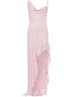 powder pink silk charmeuse cowl neck sleeveless side slit asymmetric hem floor-length Charmeuse Gown, Gown Pink, Pink Silk Dress, Ruffle Gown, High Low Skirt, Ruffled Skirt, Dream Dresses, Floor Length Gown, Silk Charmeuse